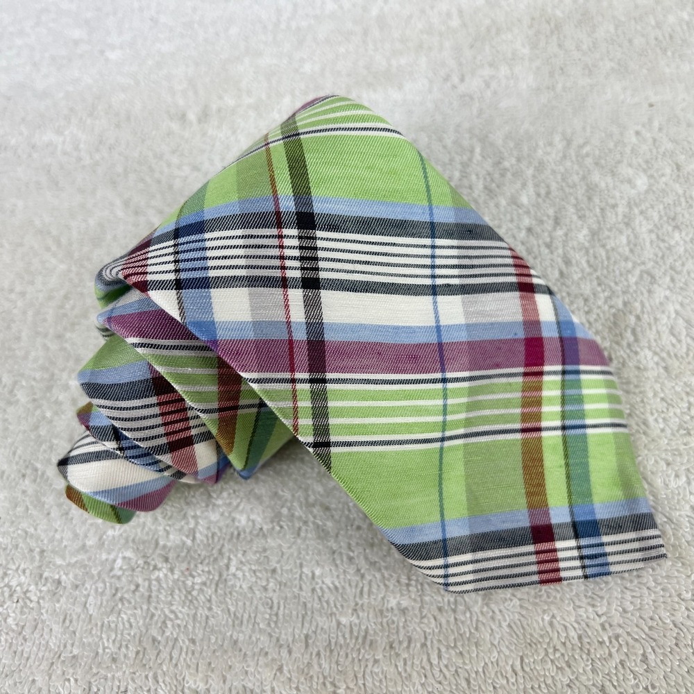 Brooks Brothers Linen Blend‎ Mens Tie Plaid Green Blue Multicolor Silk